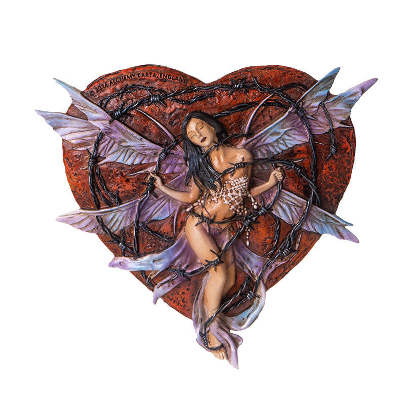 Wall plaque of dark haired fairy with light purple wings trapped in barbed wire against a red heart