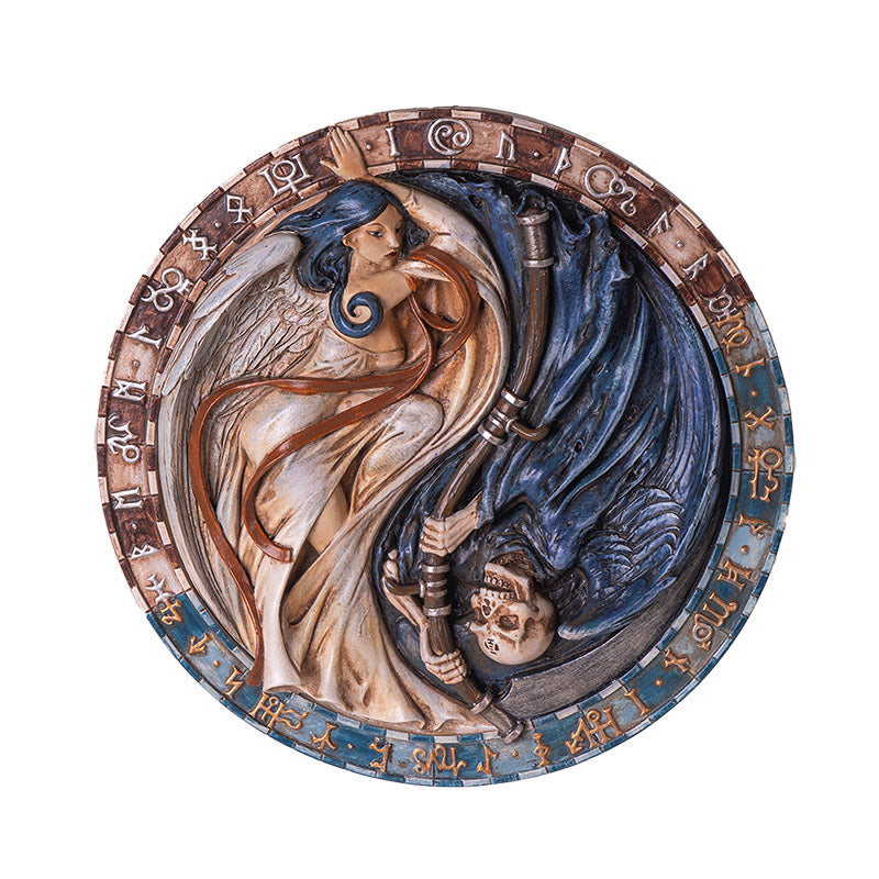 Wall plaque, angel on one side, ivory with blue hair and grim reaper with ivory skull on the other side, runes around the circular edges