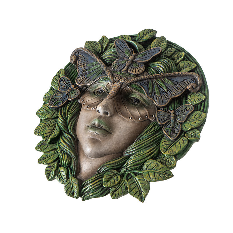 Greenwoman tree lady wall plaque with leaf hair and butterfly mask and adornments