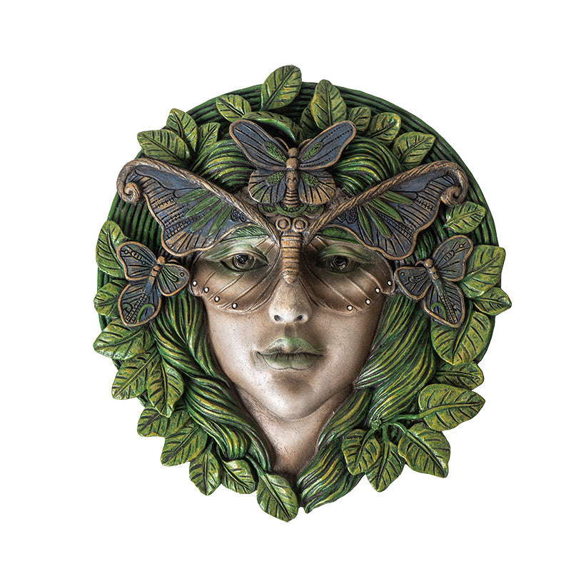 Greenwoman tree lady wall plaque with leaf hair and butterfly mask and adornments