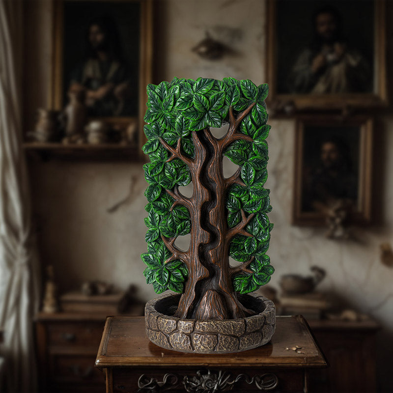 Tree of life backflow incense burner, green leaves and brown trunk with path for the smoke, faux stone basin bottom