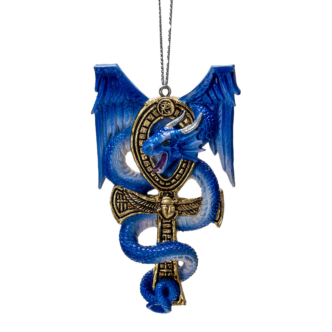 Ornament of blue dragon curled around golden Egyptian ankh