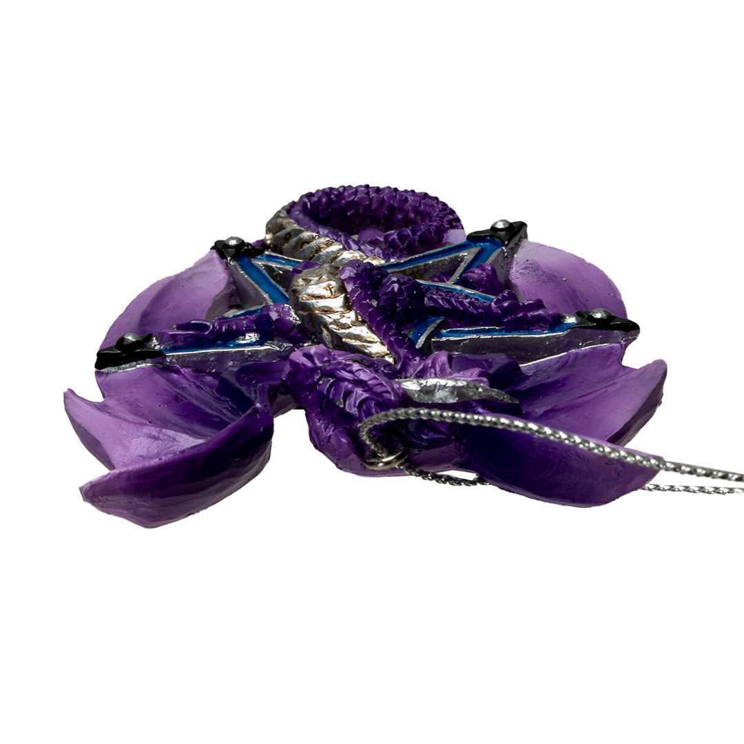 Purple and silver dragon crawling through a five pointed star blue pentacle, hanging ornament, shown top down