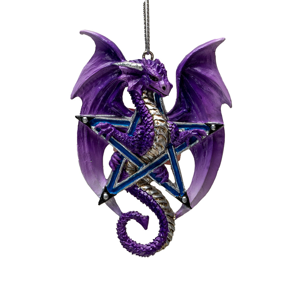 Purple and silver dragon crawling through a five pointed star blue pentacle, hanging ornament