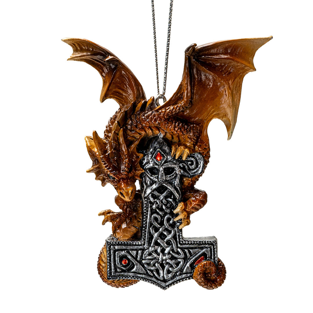 Brown dragon ornament with silver Mjolnir Thor's hammer