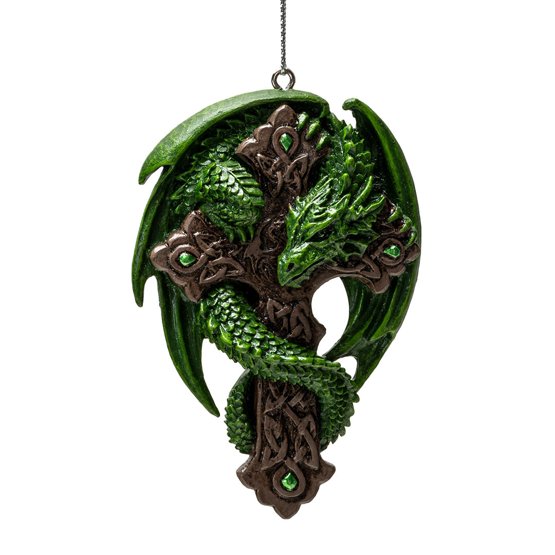 Ornament of green dragon curled around brown Celtic cross with knotwork