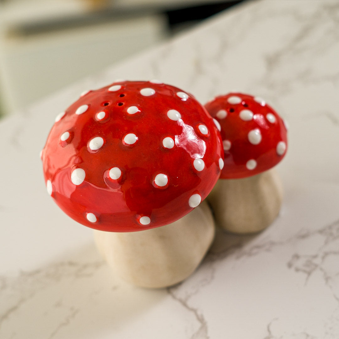 Pair of salt and pepper shakers shaped like red and white fly agaric (amanita) mushrooms