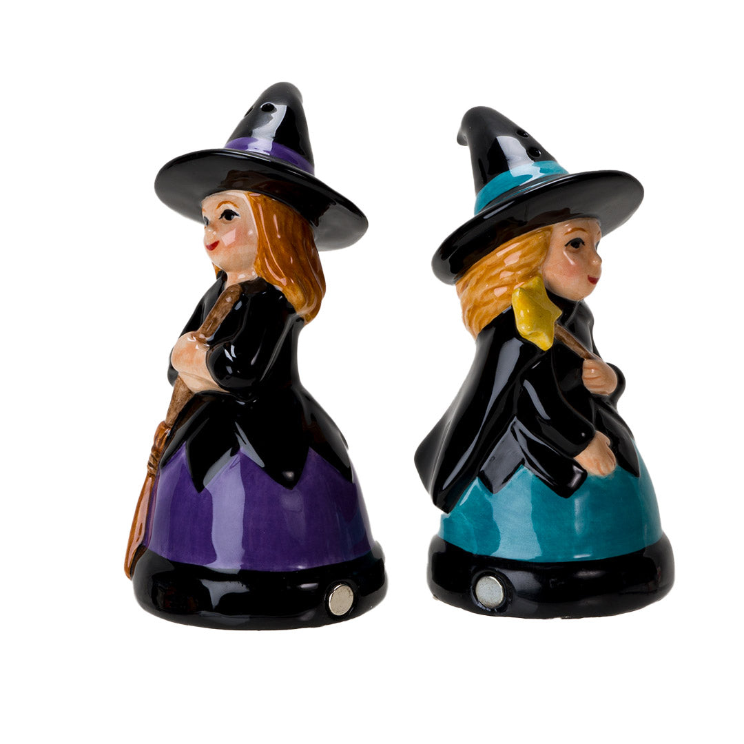 Witch salt & pepper shakers showing magnets on bases to keep them together when not in use