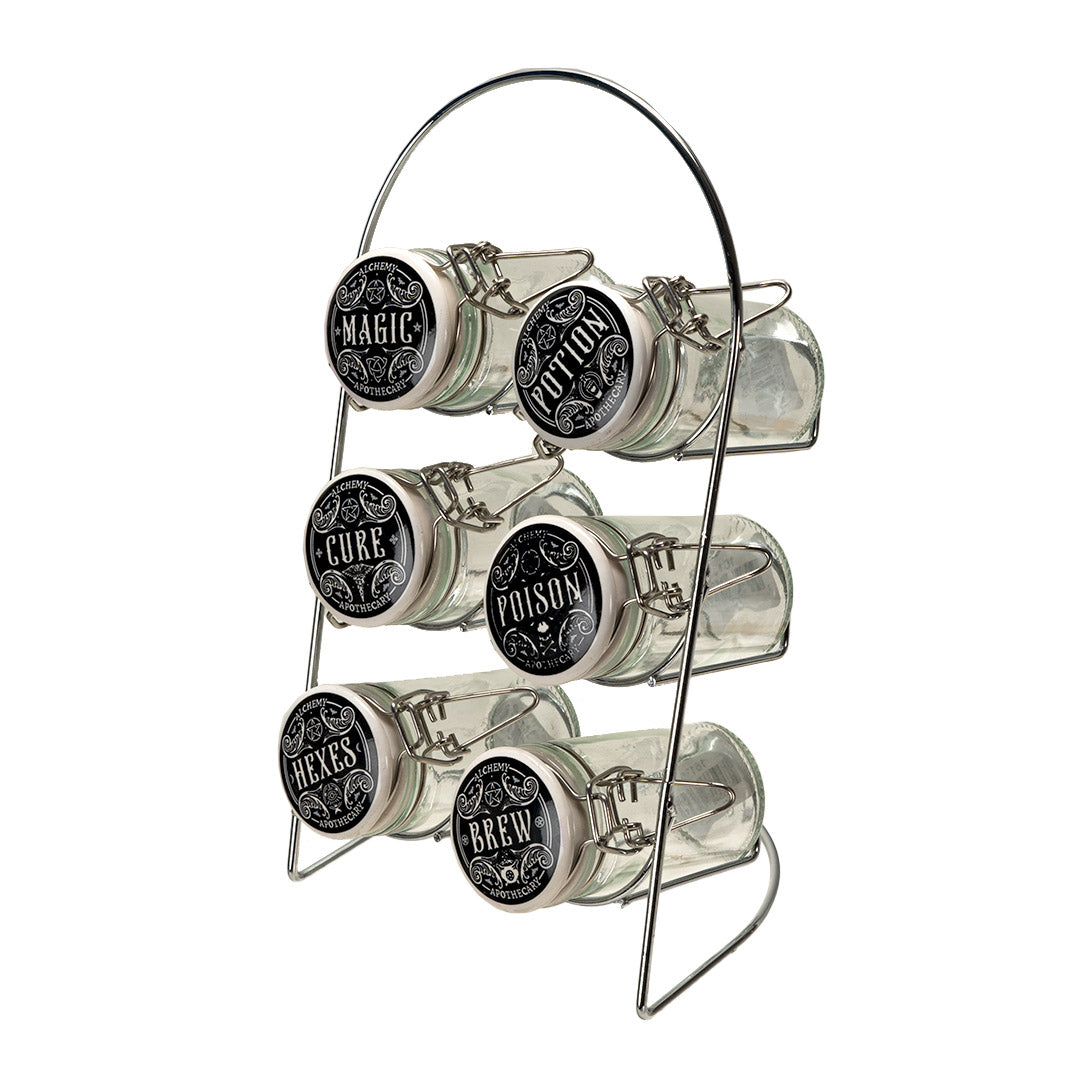 Spice rack with glass jars labeled 'Magic', 'Cure', 'Poison', 'Hexes', 'Brew' and 'Potion'