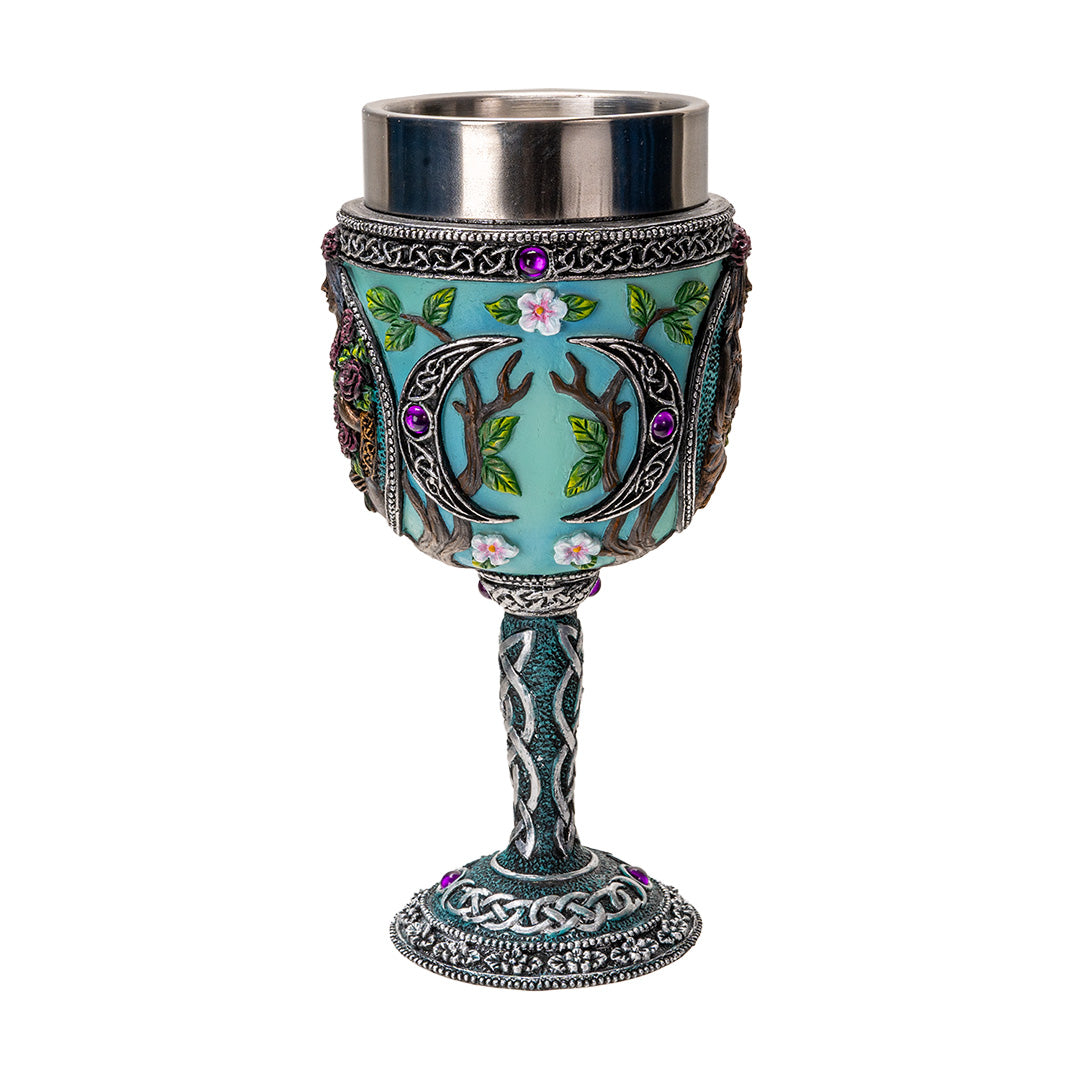 Goblet with 'maiden' Triple Goddess motif, purple gems, roses, crescent moons, Celtic knotwork