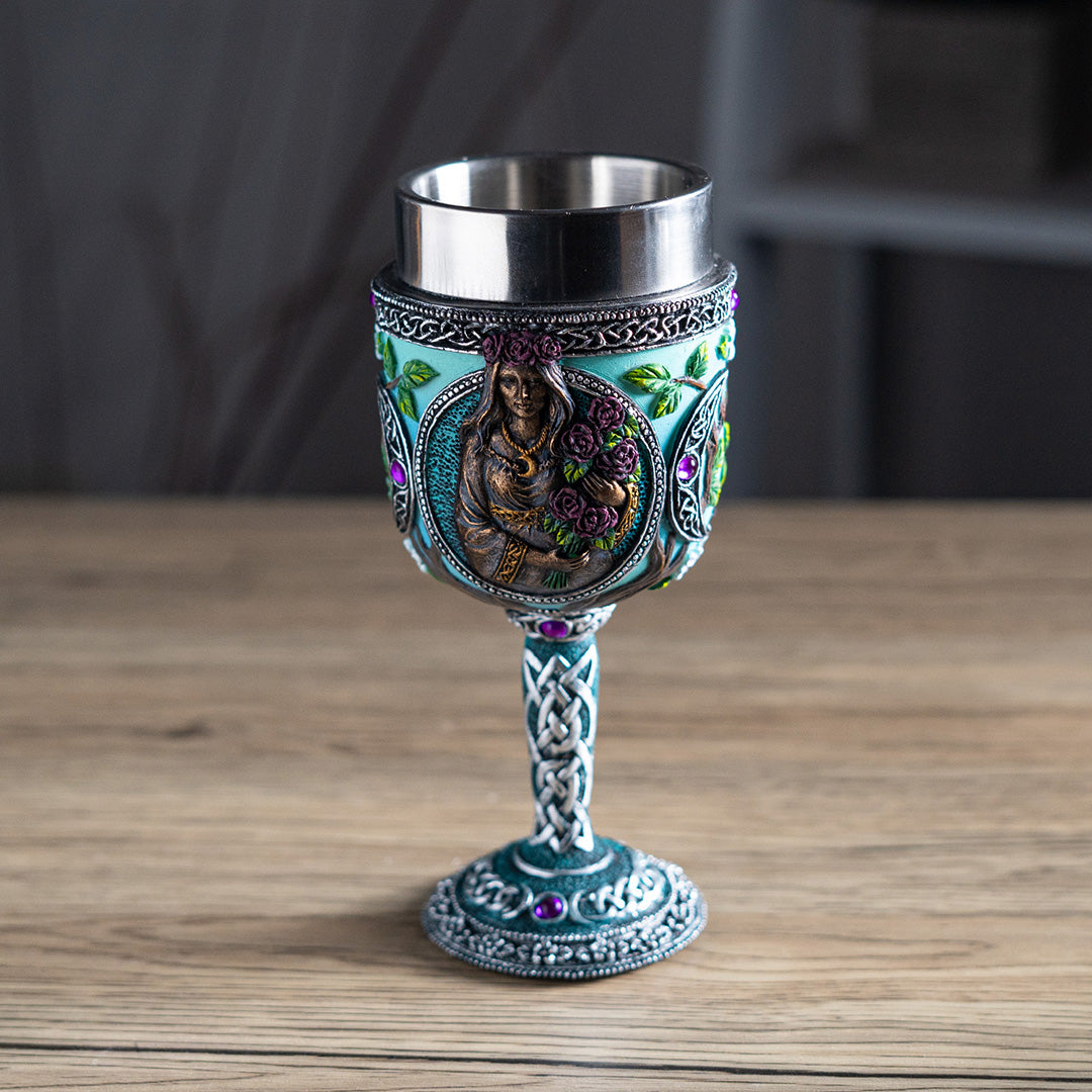 Goblet with 'maiden' Triple Goddess motif, purple gems, roses, crescent moons, Celtic knotwork