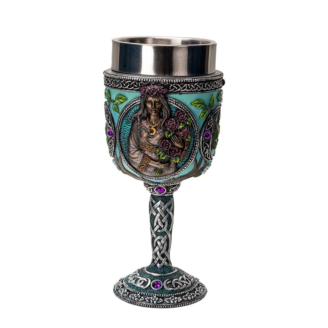 Goblet with 'maiden' Triple Goddess motif, purple gems, roses, crescent moons, Celtic knotwork