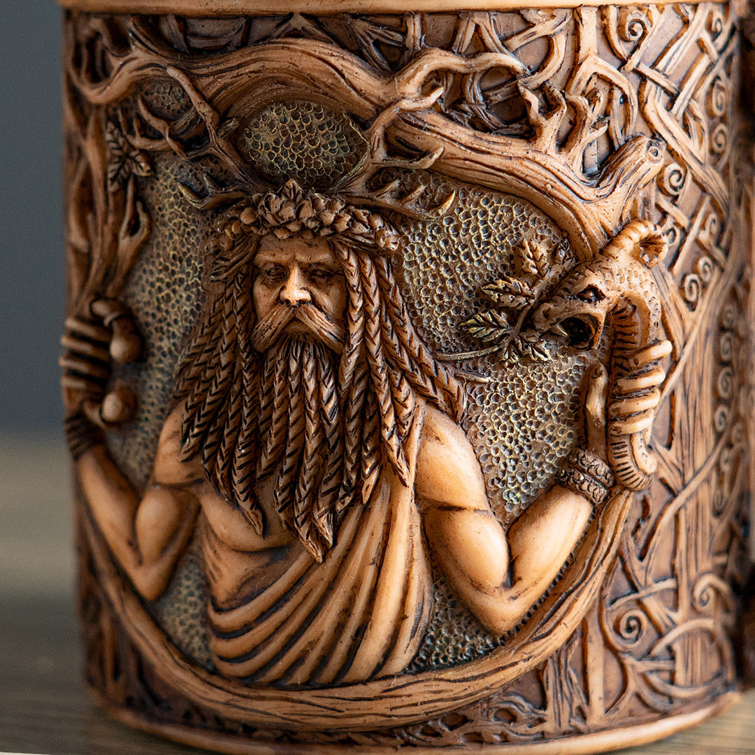 Decorative mug with a detailed design of Celtic nature got Cernunnos