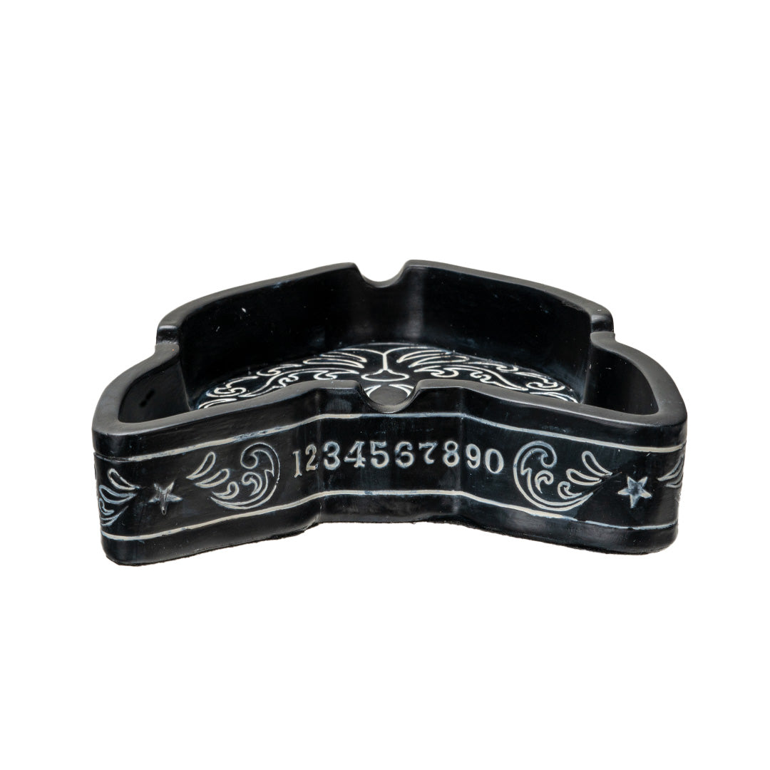 Black cat shaped ashtray with spiritual ouija board inspired designs