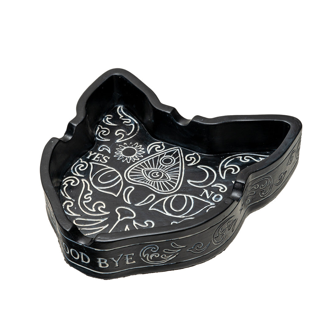 Black cat shaped ashtray with spiritual ouija board inspired designs