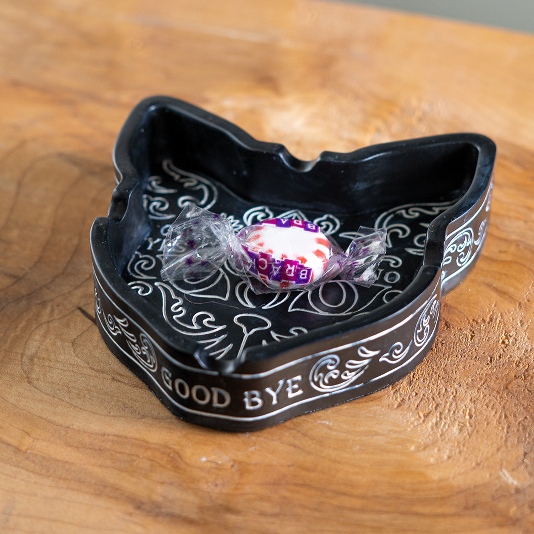 Black cat shaped ashtray with spiritual ouija board inspired designs