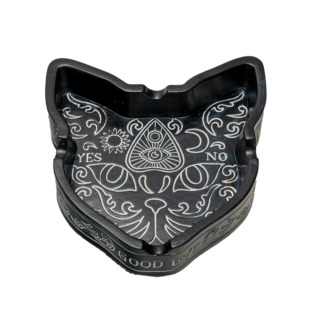 Black cat shaped ashtray with spiritual ouija board inspired designs
