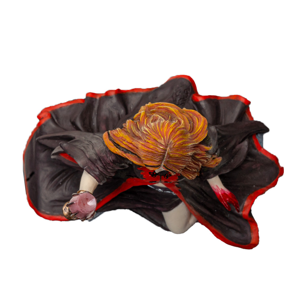 Trinket box, faux stone gray coffin with bat motif and red heart jewel. On lid is a vampire lady with 1 bloody hand and other holding a goblet, crimson and black skirt and top, auburn hair, fangs. Shown top down