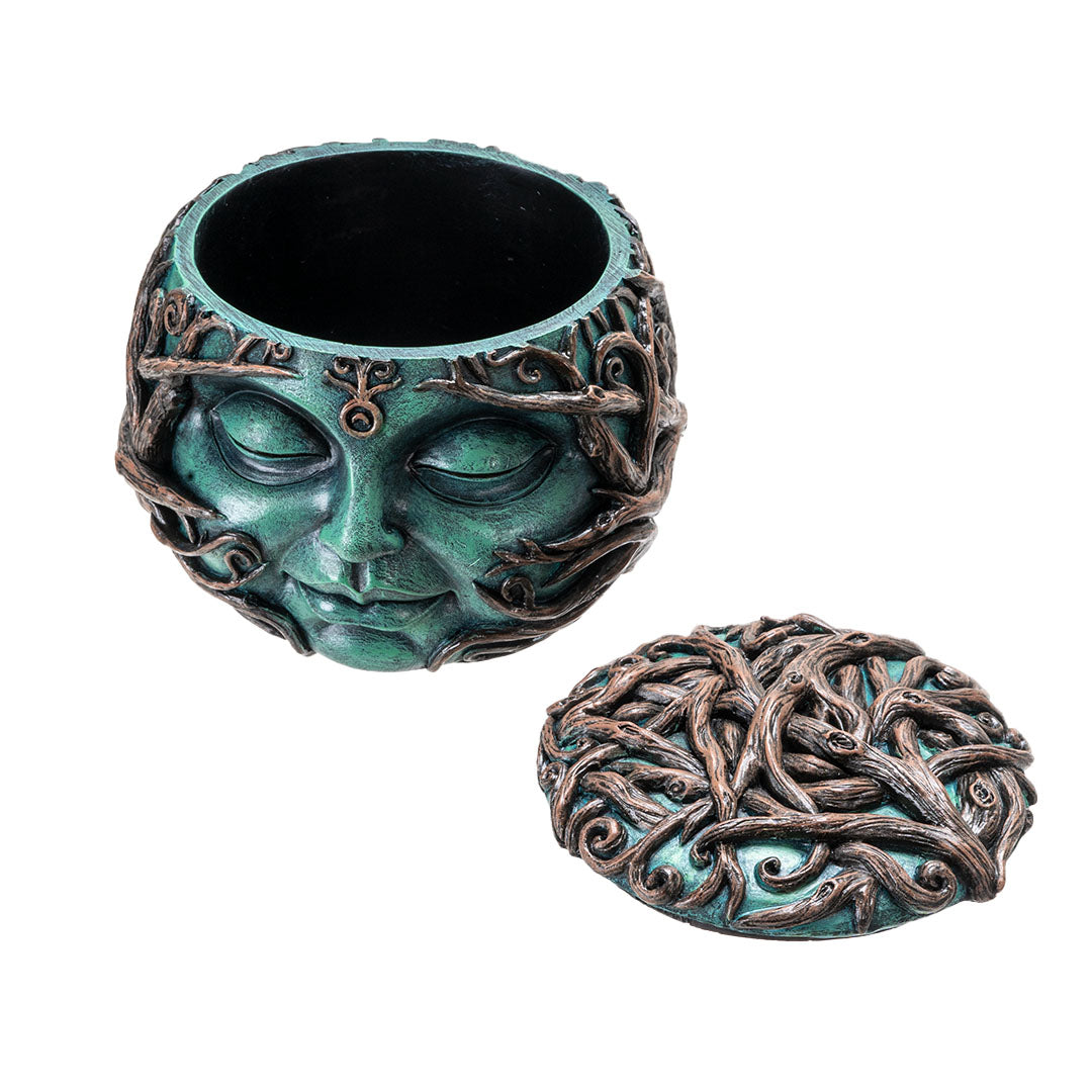 Round trinket box with the teal face of Gaia (Mother Earth), covered in brown branches, shown open with lid off to the side