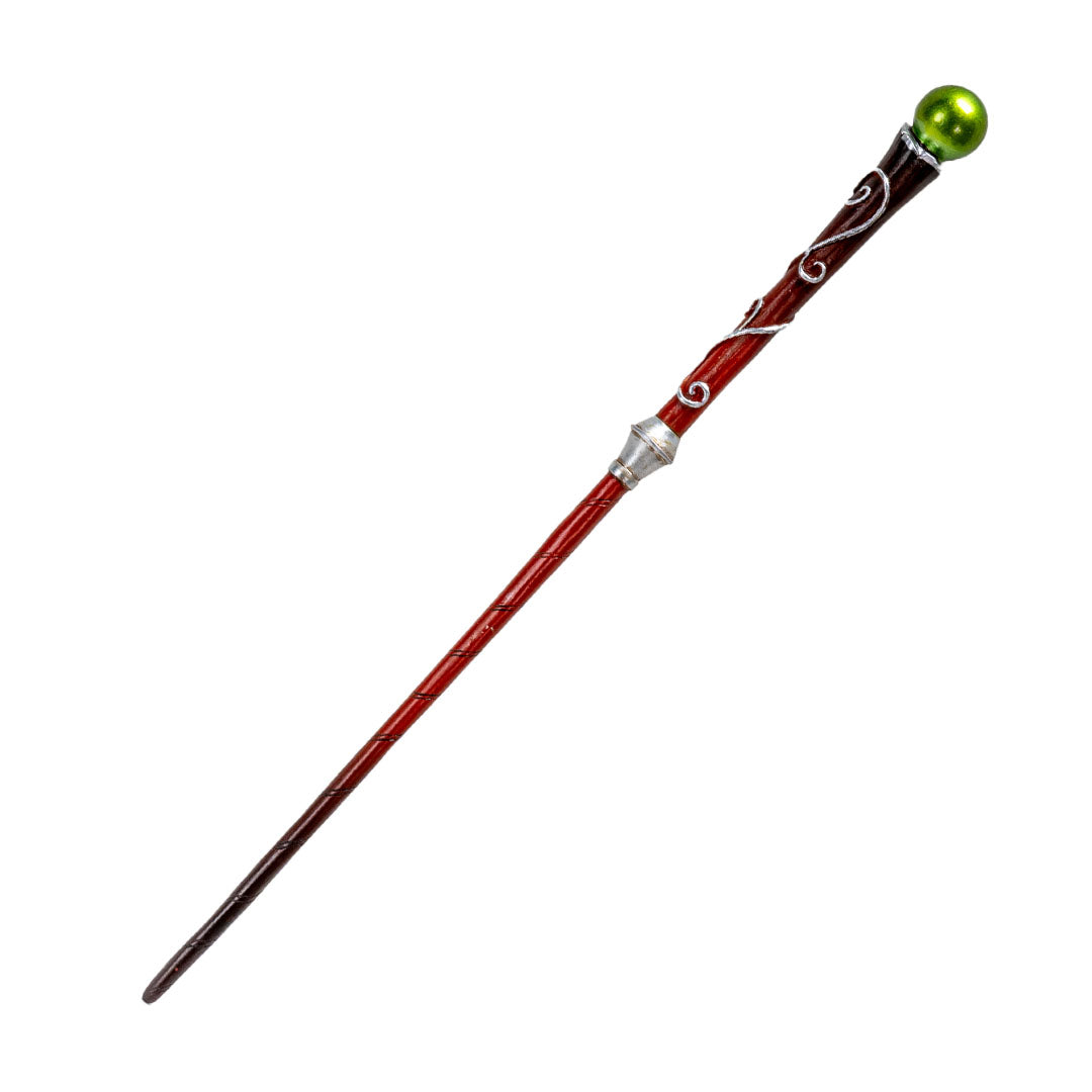 Magic wand with red-black ombre shaft, silver swirl and green round top