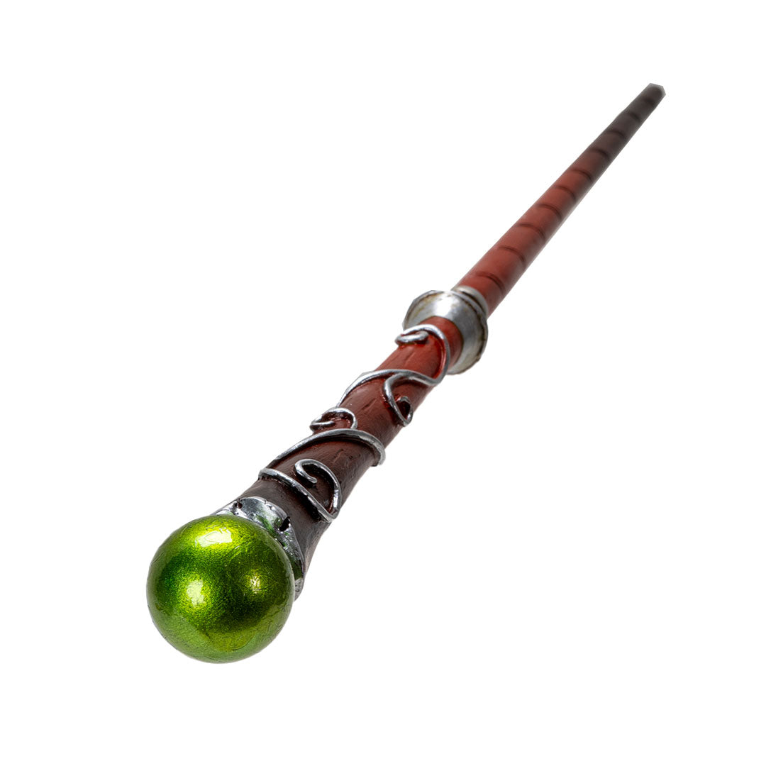 Magic wand with red-black ombre shaft, silver swirl and green round top