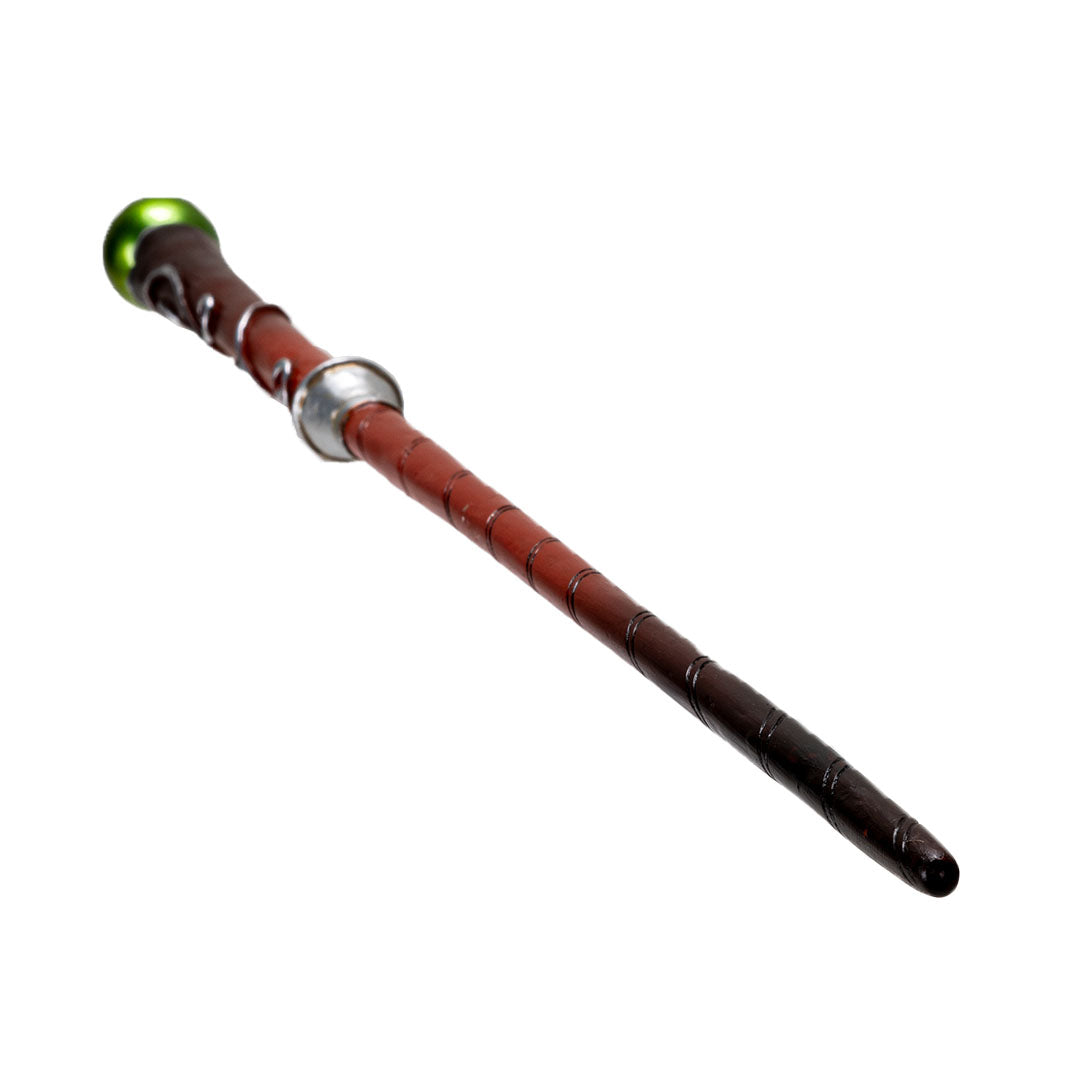Magic wand with red-black ombre shaft, silver swirl and green round top