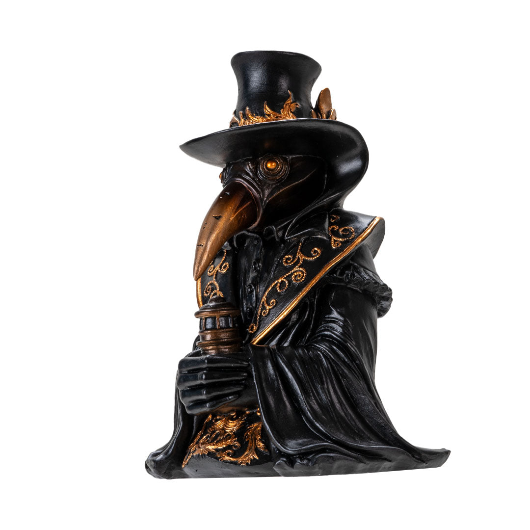 Backflow incense cone burner, shaped like a plague doctor, crow mask, bronze-gold accents, wearing a tophat