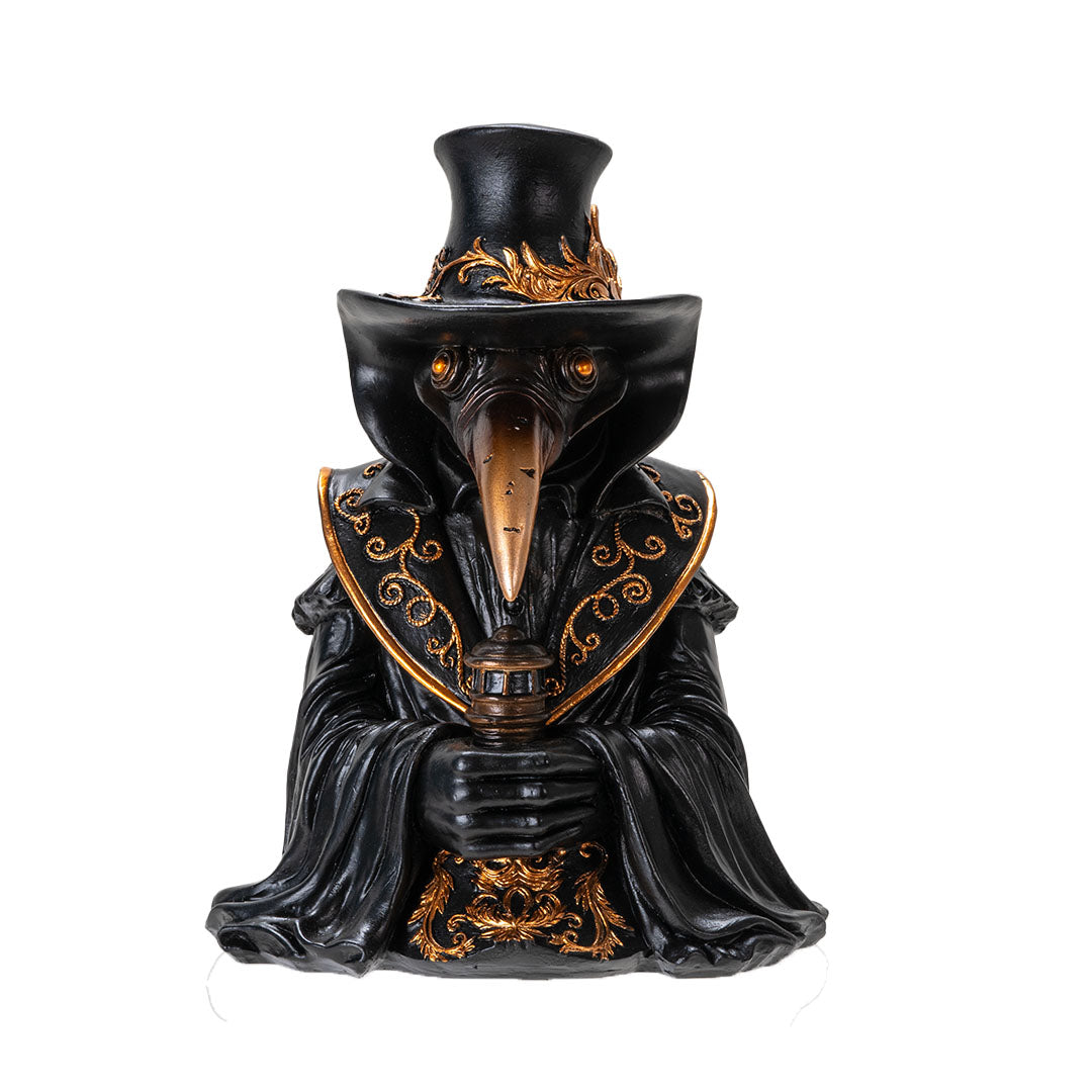 Backflow incense cone burner, shaped like a plague doctor, crow mask, bronze-gold accents, wearing a tophat