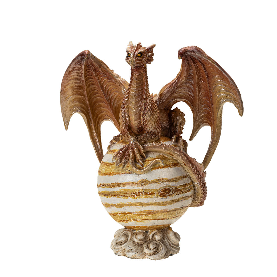 Tan dragon with golden orange eyes perched with crossed talons on the planet Jupiter, striped tan and white on a cloud base