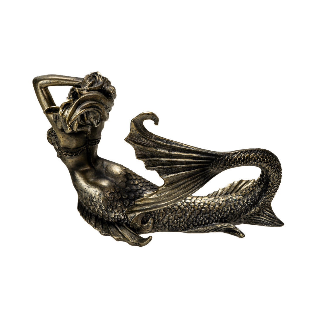 Bronze hued mermaid figurine laying down, with detailed fins and scales, netting top, flowing hair, shown from the back