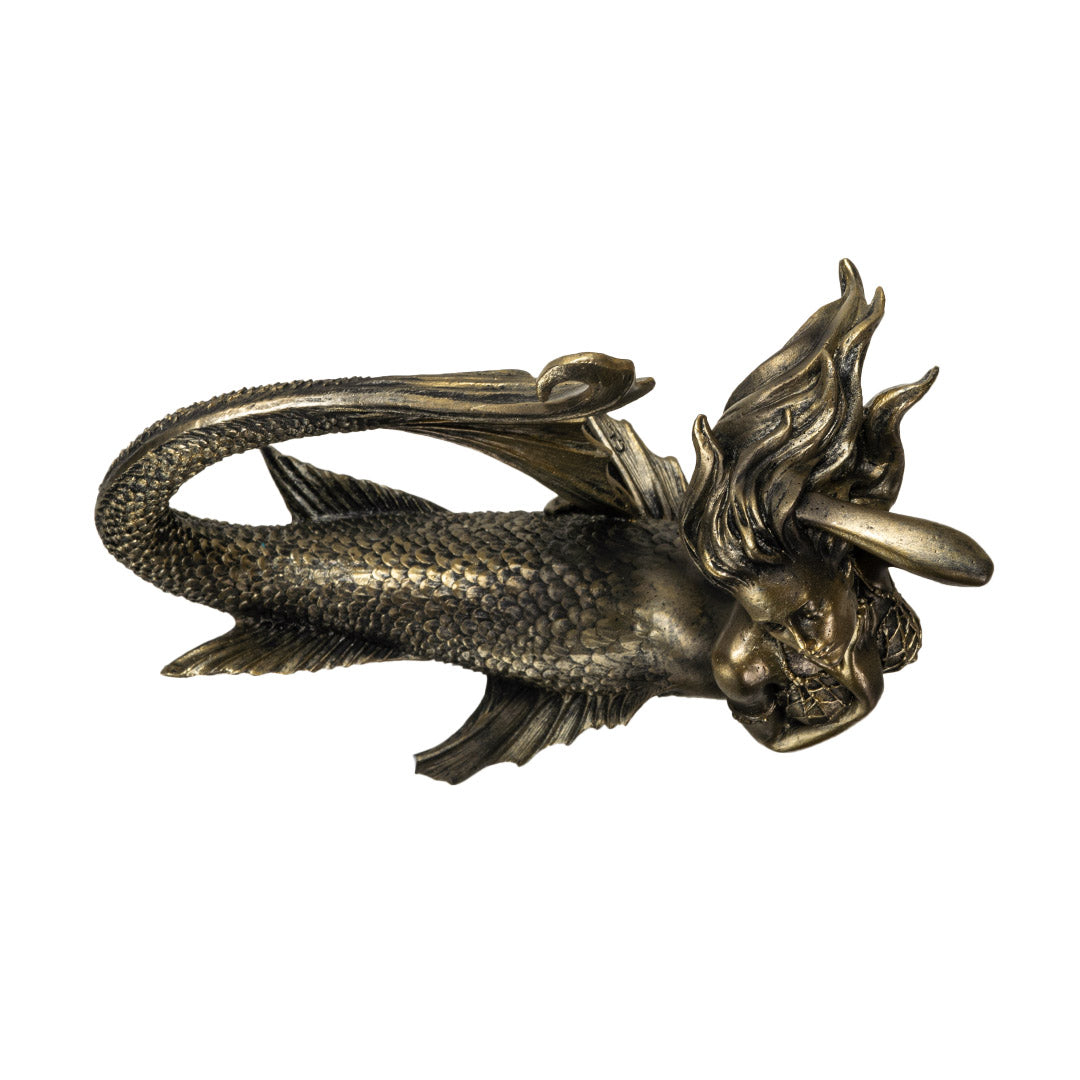 Bronze hued mermaid figurine laying down, with detailed fins and scales, netting top, flowing hair, shown top down
