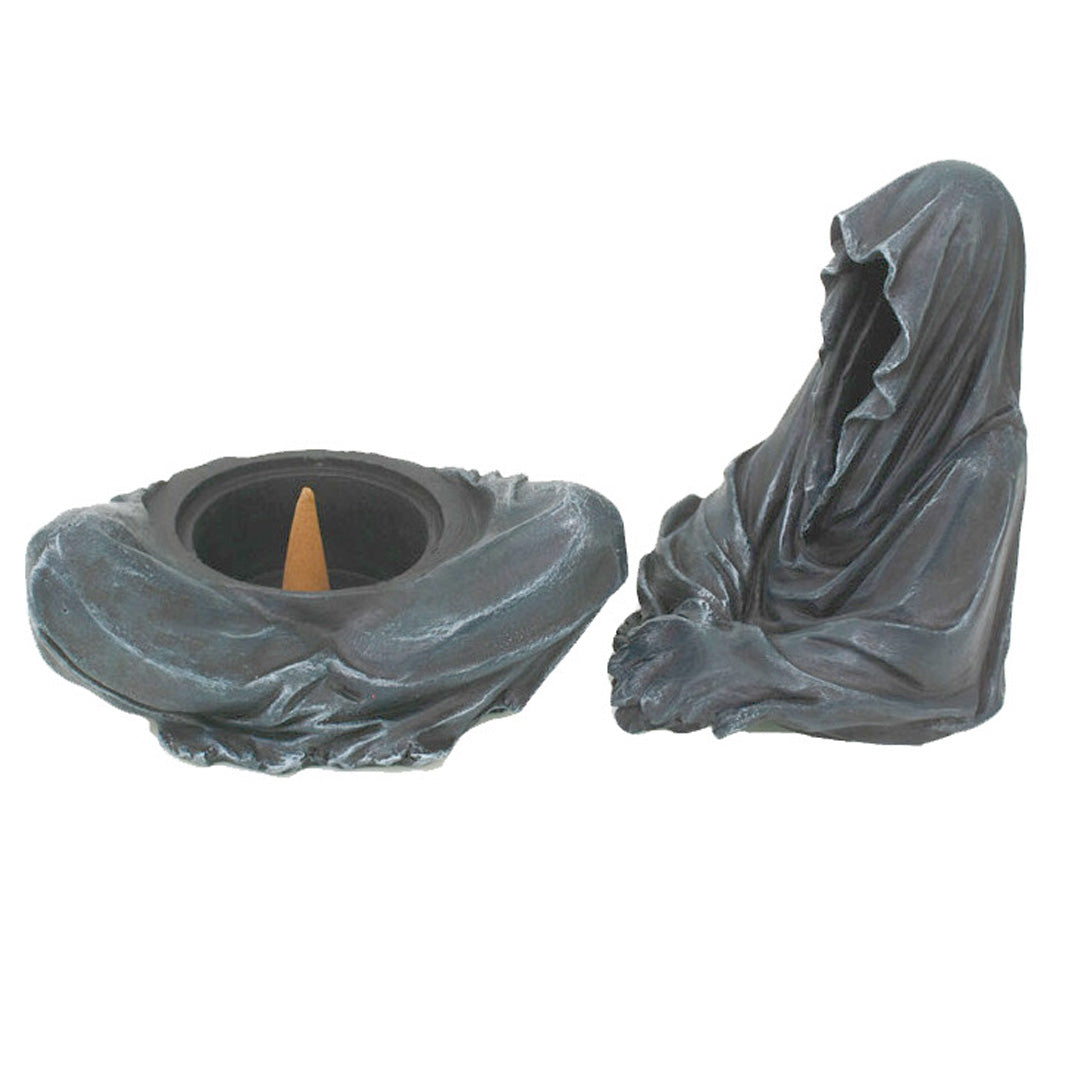 Seated Grim Reaper incense burner/box, shown open with incense cone