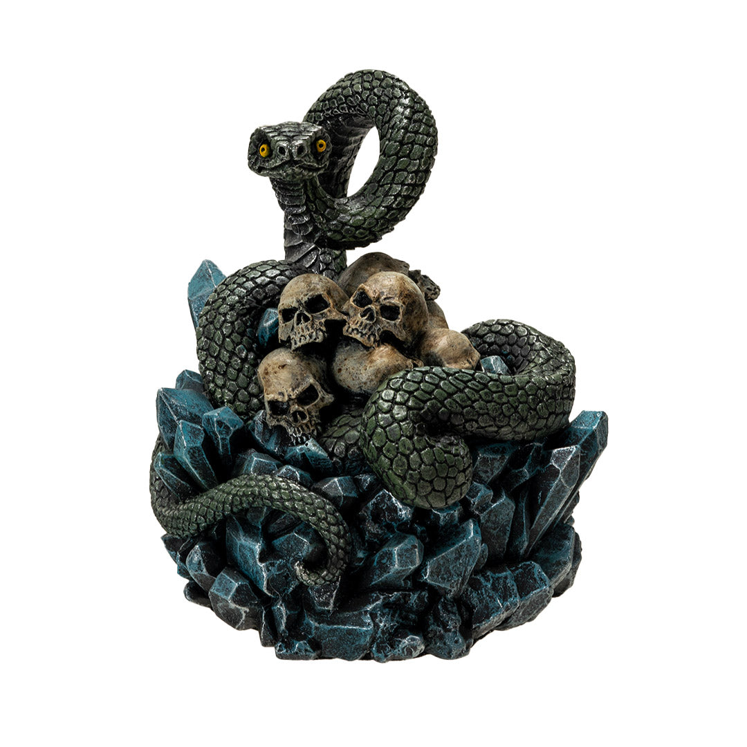 Trinket box, blue crystals on base with yellow-eyed green snake twining through human skull pile