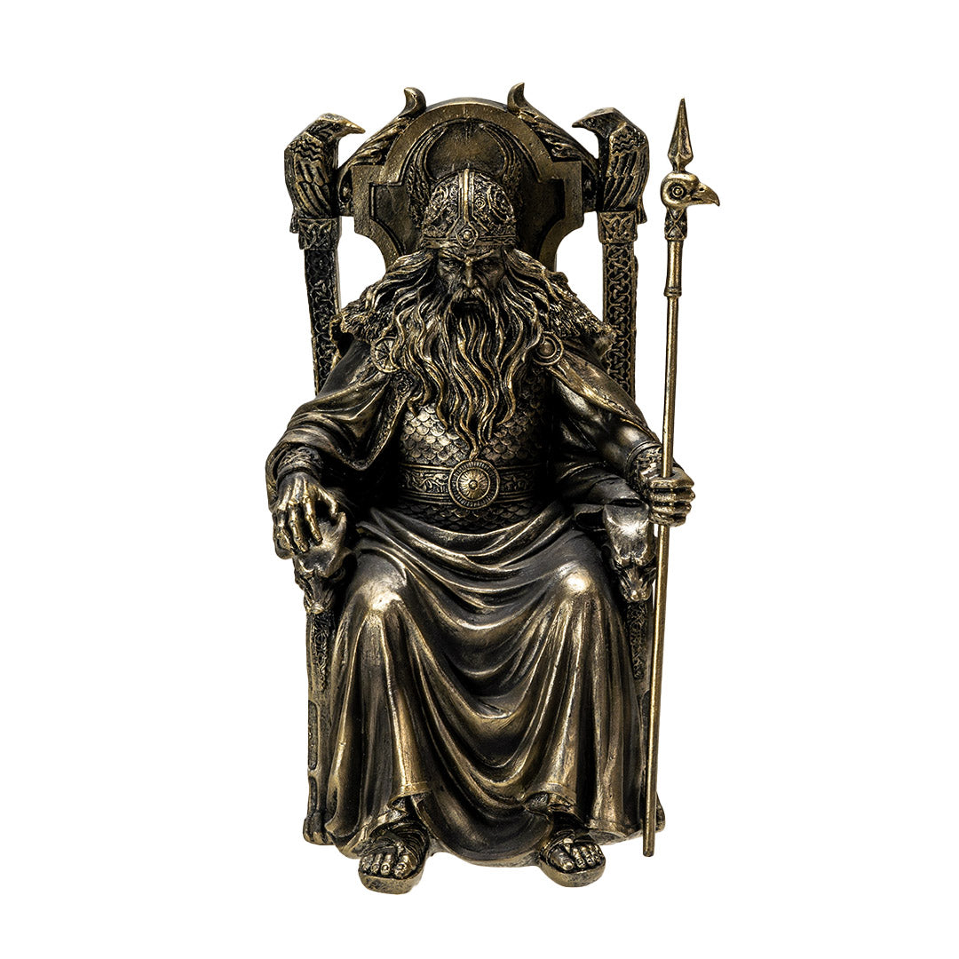 Figurine in faux bronze of Norse god Odin on throne with ravens and staff