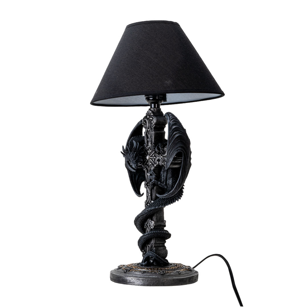 Lamp with black shade, black dragon twining around the base in faux-silver shaped like a Gothic Celtic cross