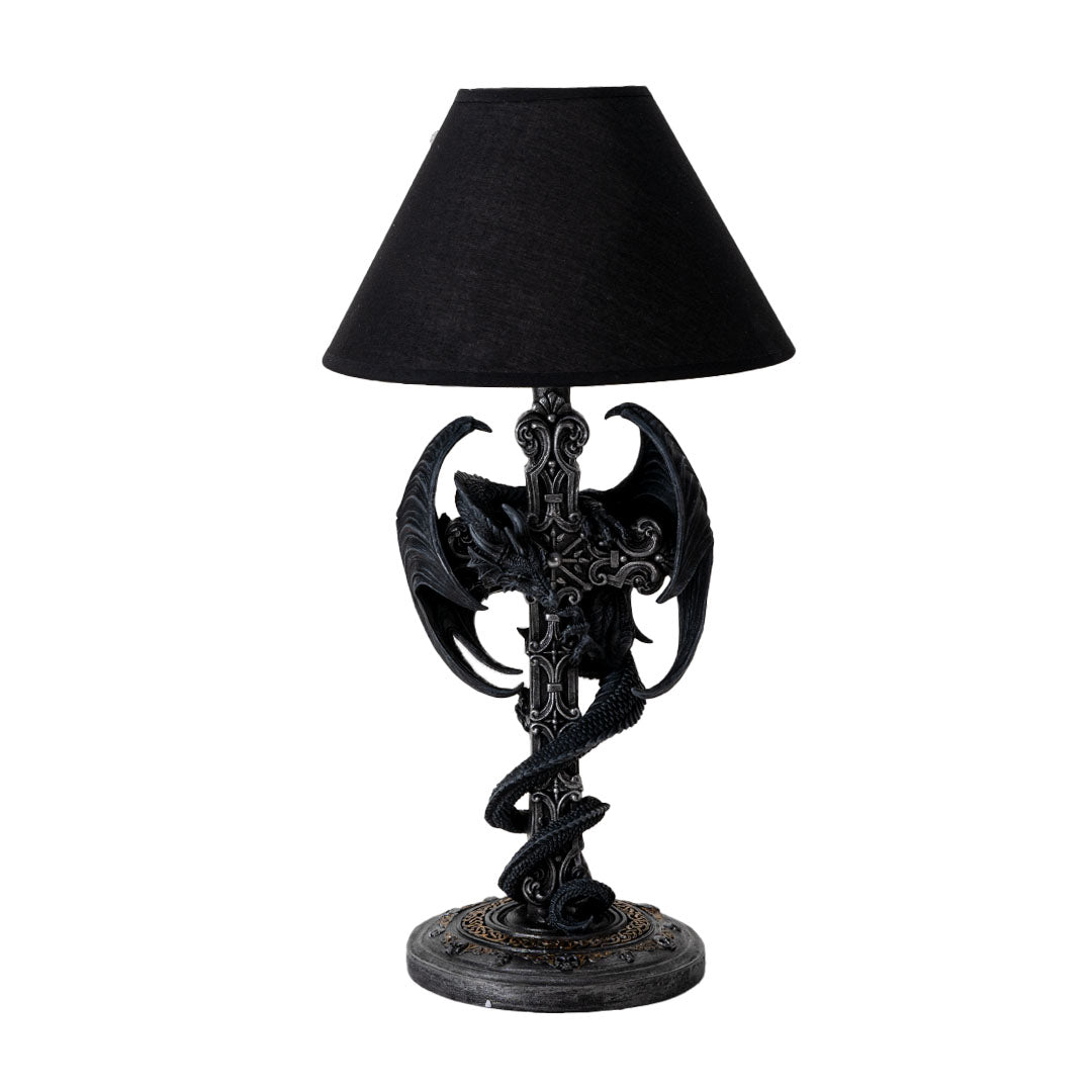 Lamp with black shade, black dragon twining around the base in faux-silver shaped like a Gothic Celtic cross