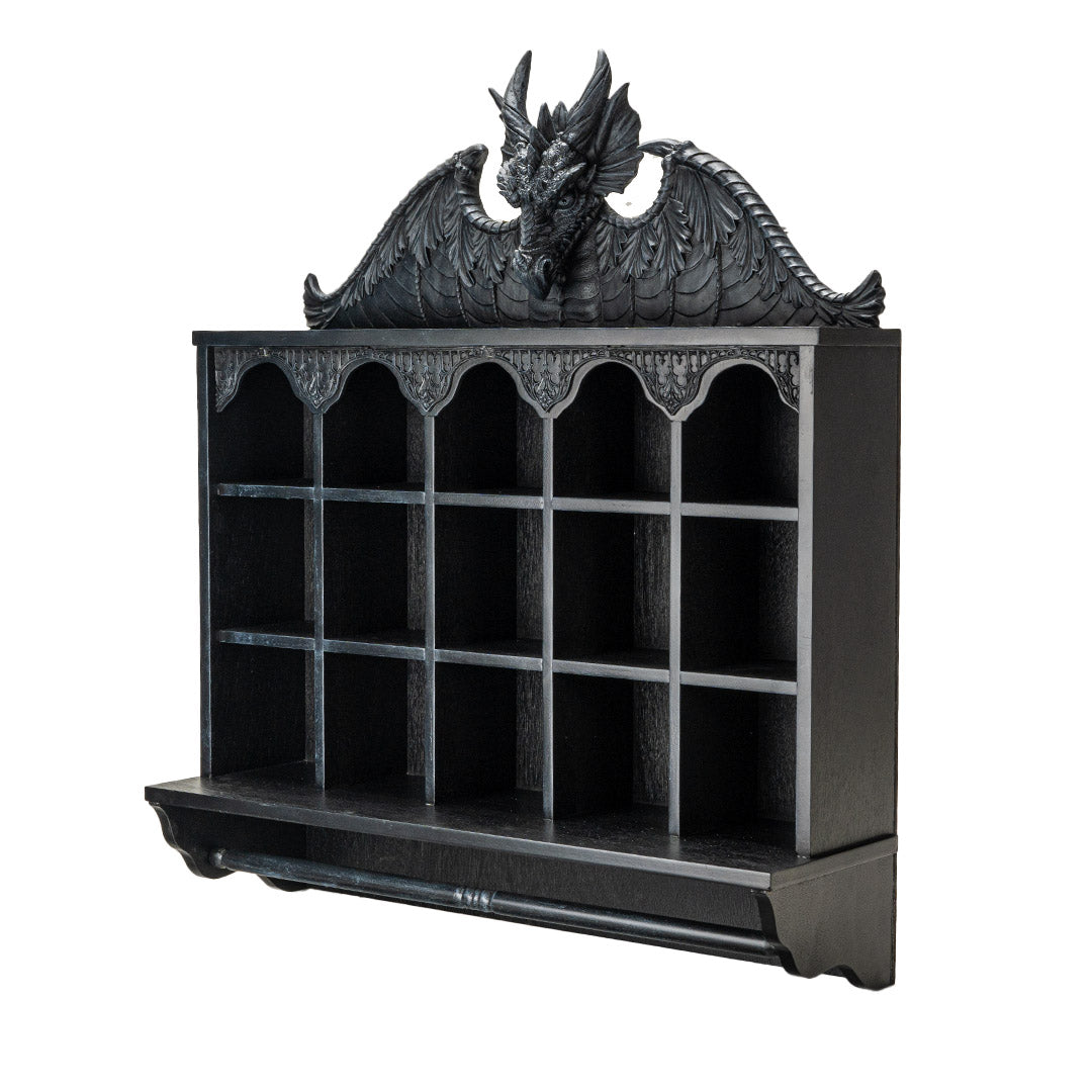 Wall shelf in black with dragon at the top, compartments and hanging rod