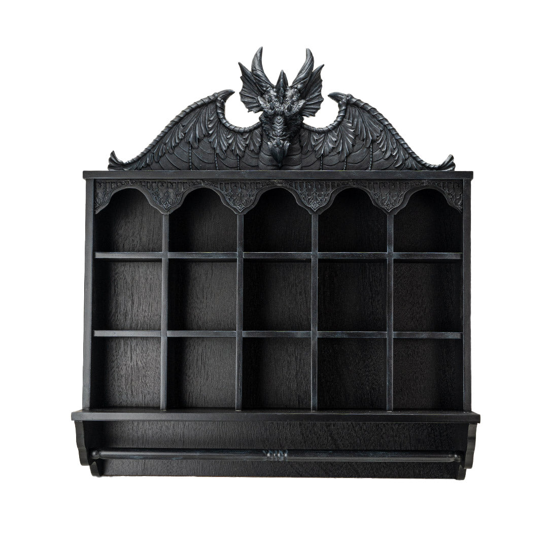 Wall shelf in black with dragon at the top, compartments and hanging rod