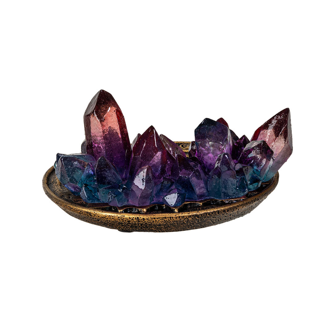 Tealight candle holder with faux gold base, ombre resin crystal points in pink, purple, and blue