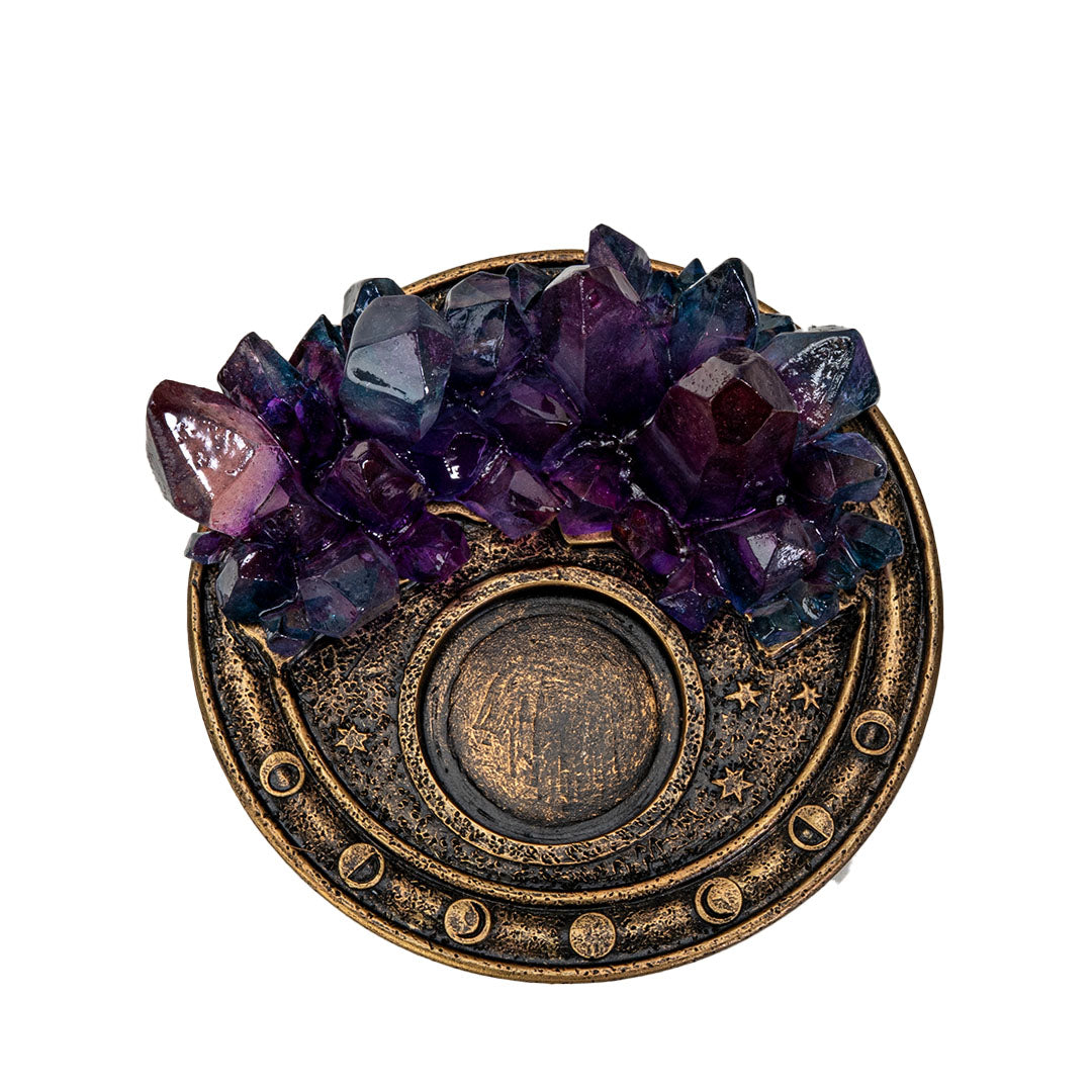 Tealight candle holder with faux gold base, ombre resin crystal points in pink, purple, and blue, shown top down