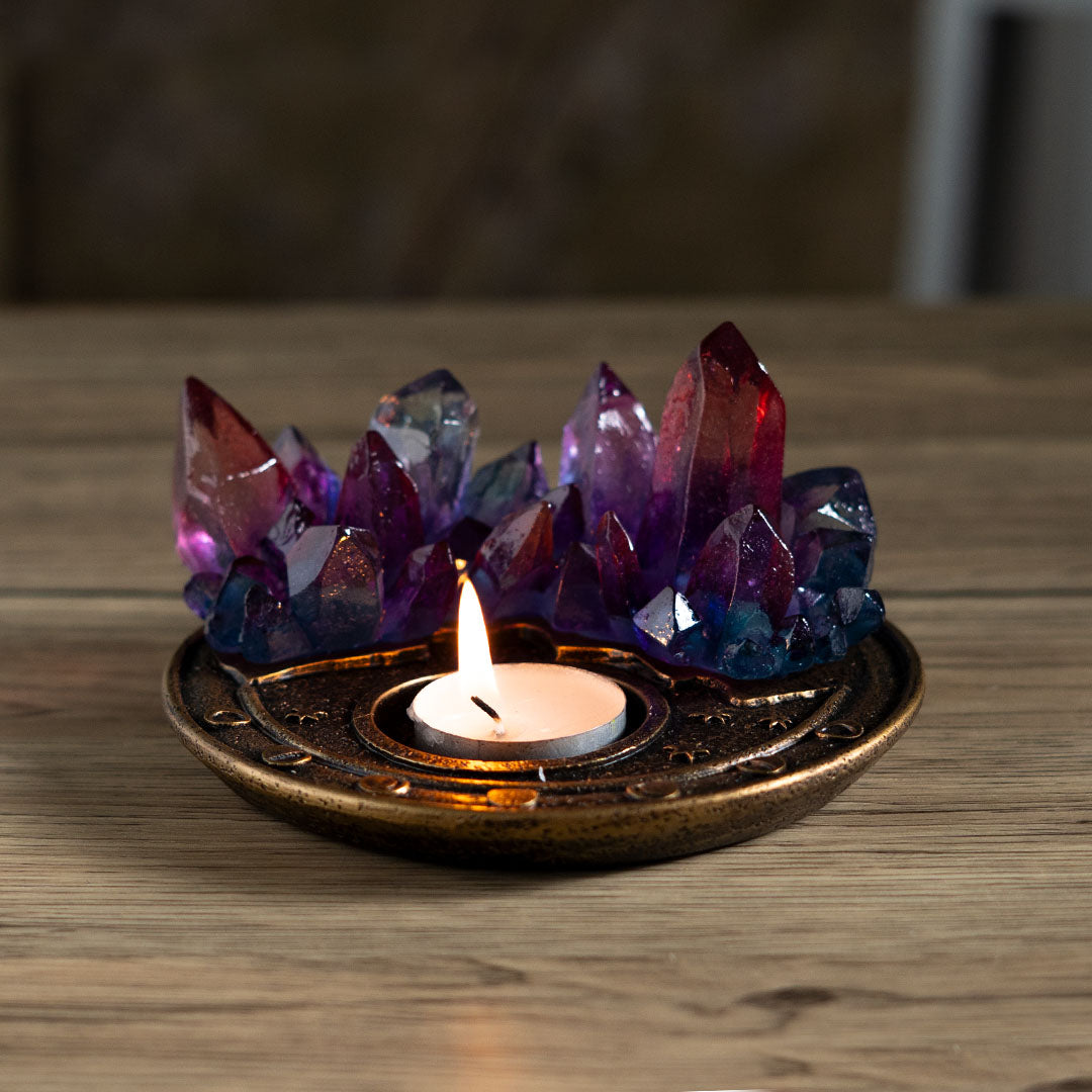 Tealight candle holder with faux gold base, ombre resin crystal points in pink, purple, and blue