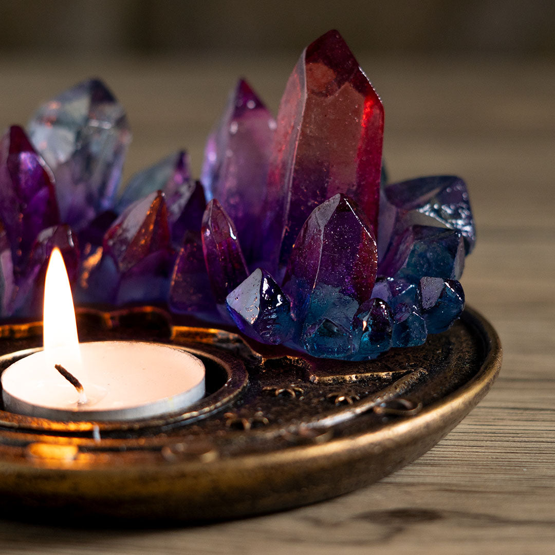 Tealight candle holder with faux gold base, ombre resin crystal points in pink, purple, and blue