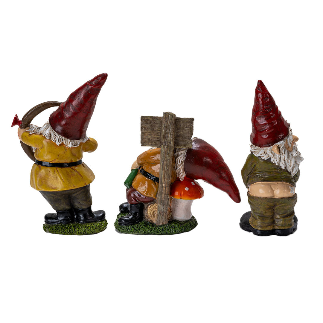 Set of 3 gnome figurines - one with a plunger and bow, one passed out drunk, one mooning