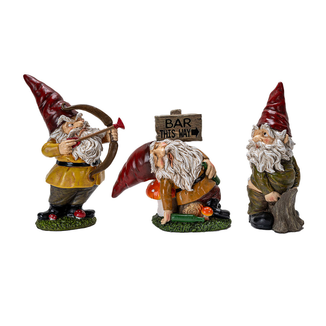Set of 3 gnome figurines - one with a plunger and bow, one passed out drunk, one mooning