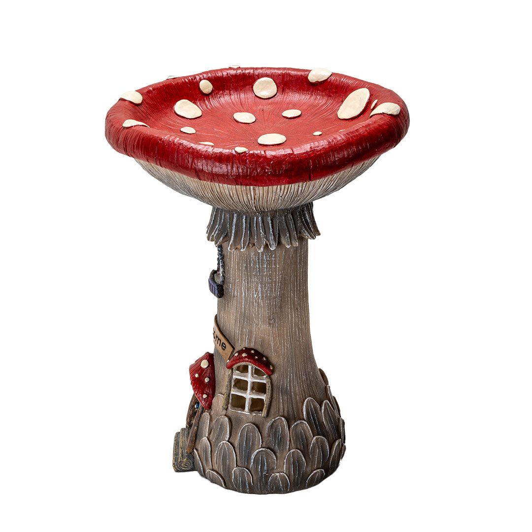 Resin toadstool mushroom house, red and white spotted roof, blue door, Welcome sign, windows