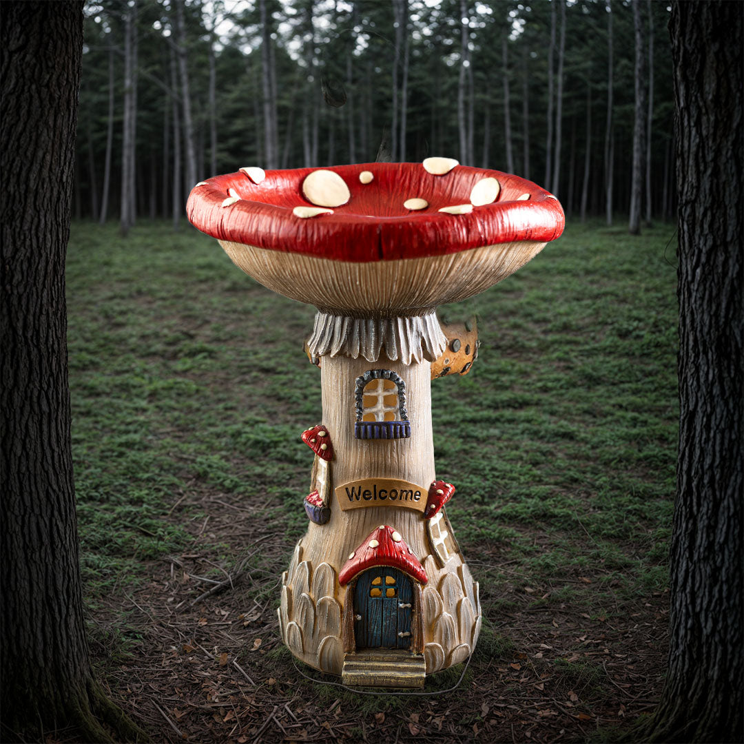 Resin toadstool mushroom house, red and white spotted roof, blue door, Welcome sign, windows