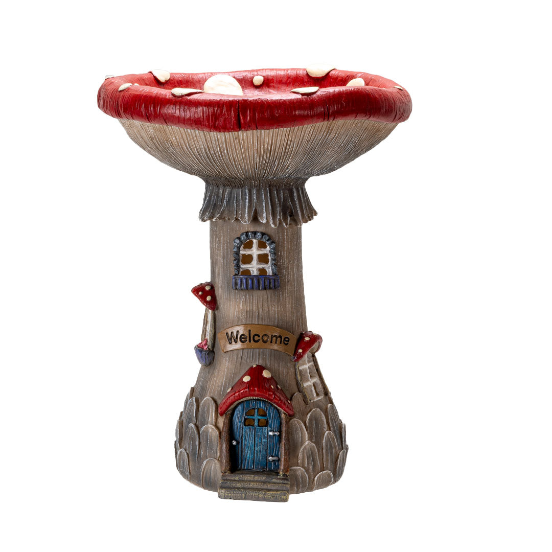Resin toadstool mushroom house, red and white spotted roof, blue door, Welcome sign, windows