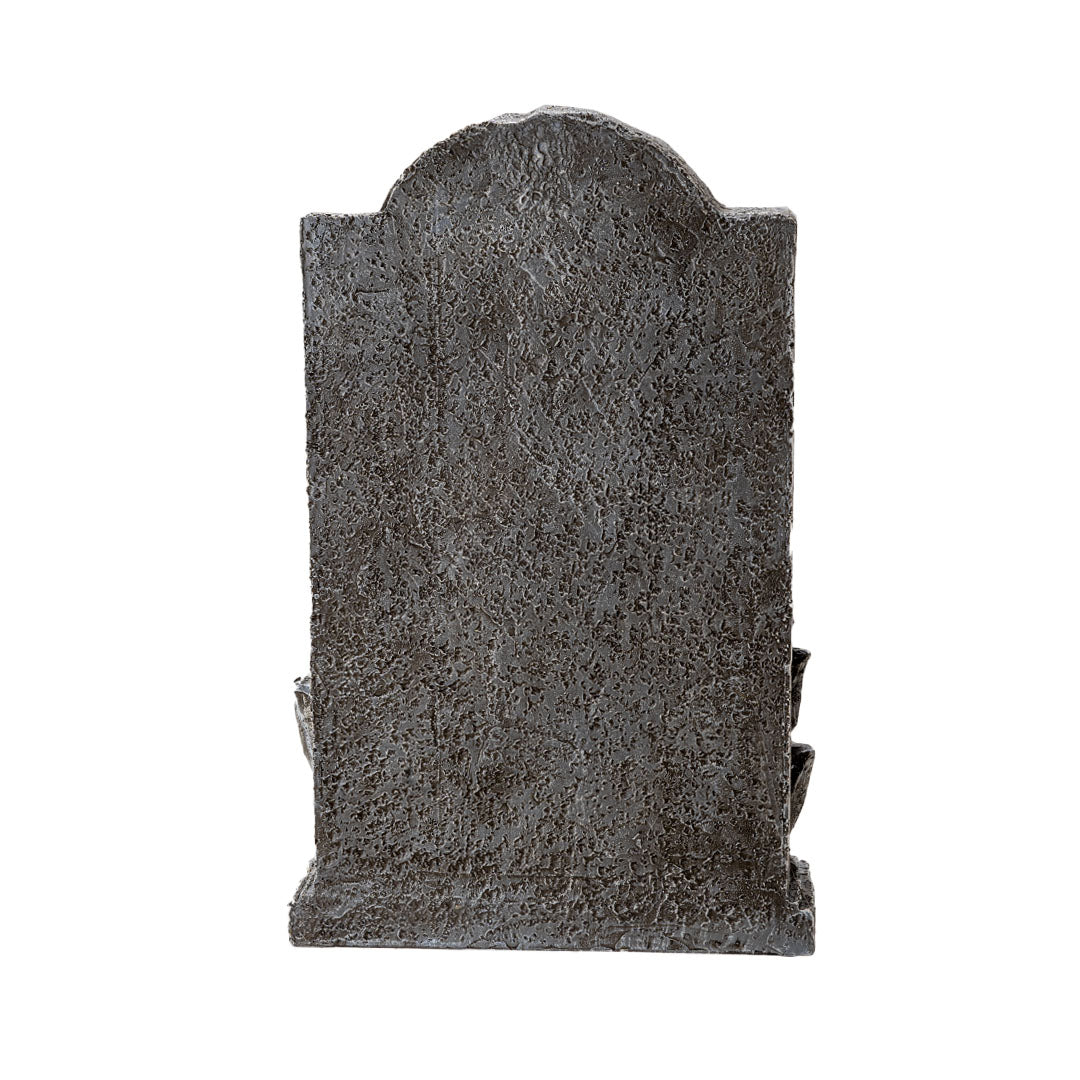 Figurine of gray faux-stone tombstone with butterflies, RIP, skulls and leaves, back shown.