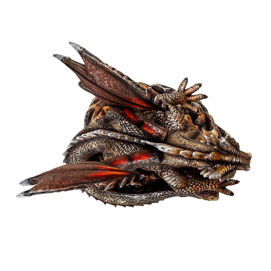 Figurine of coppery dragon with red accents holding a crimson egg (LED), shown top down