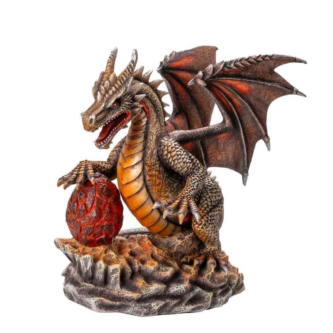 Figurine of coppery dragon with red accents holding a crimson egg (LED)